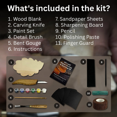 DIY Oak Leaf Carving and Painting Kit with carving tools, pre-cut wood leaf, paints, and brush