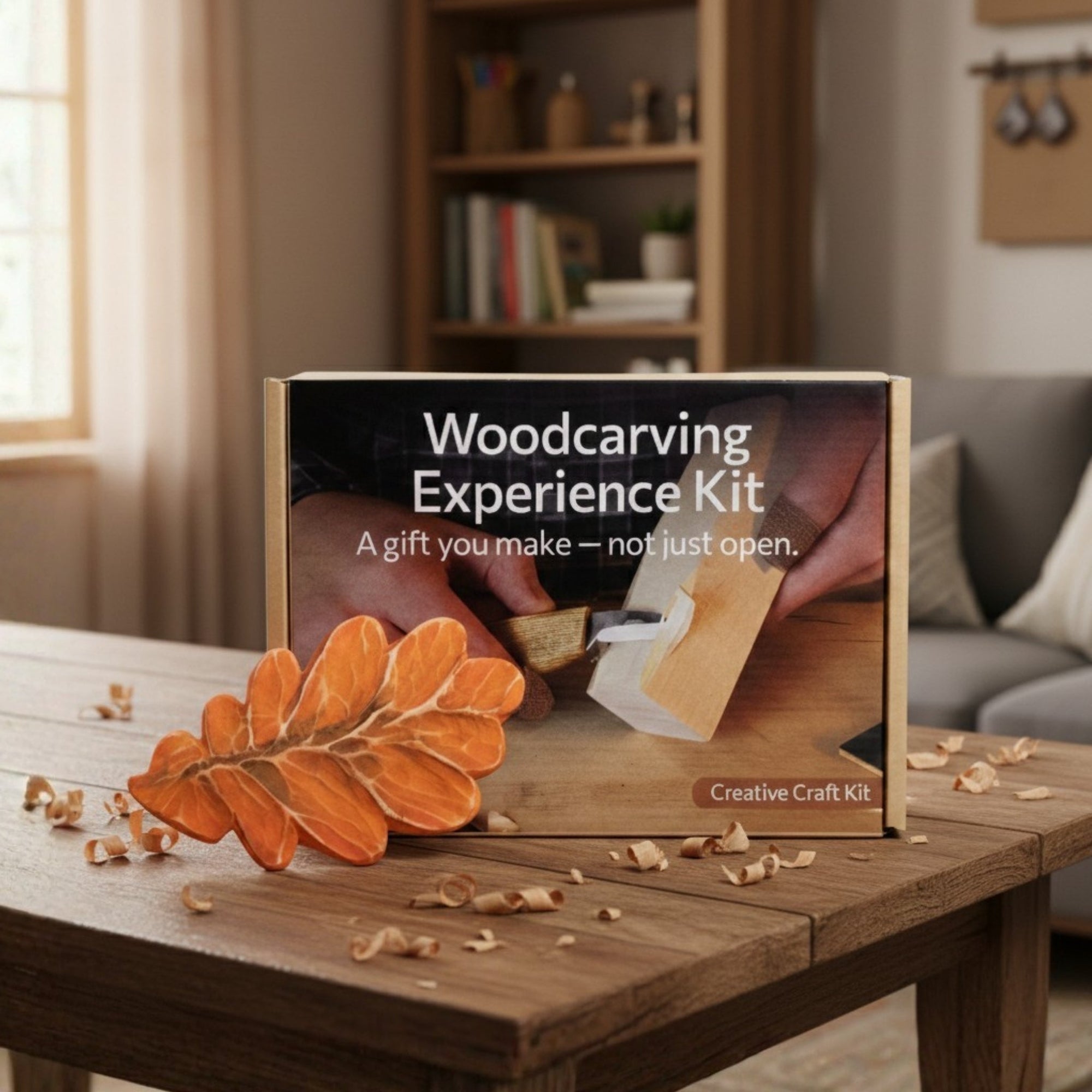 DIY Oak Leaf Carving and Painting Kit with carving tools, pre-cut wood leaf, paints, and brush