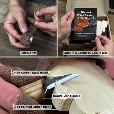 DIY Oak Leaf Carving and Painting Kit with carving tools, pre-cut wood leaf, paints, and brush