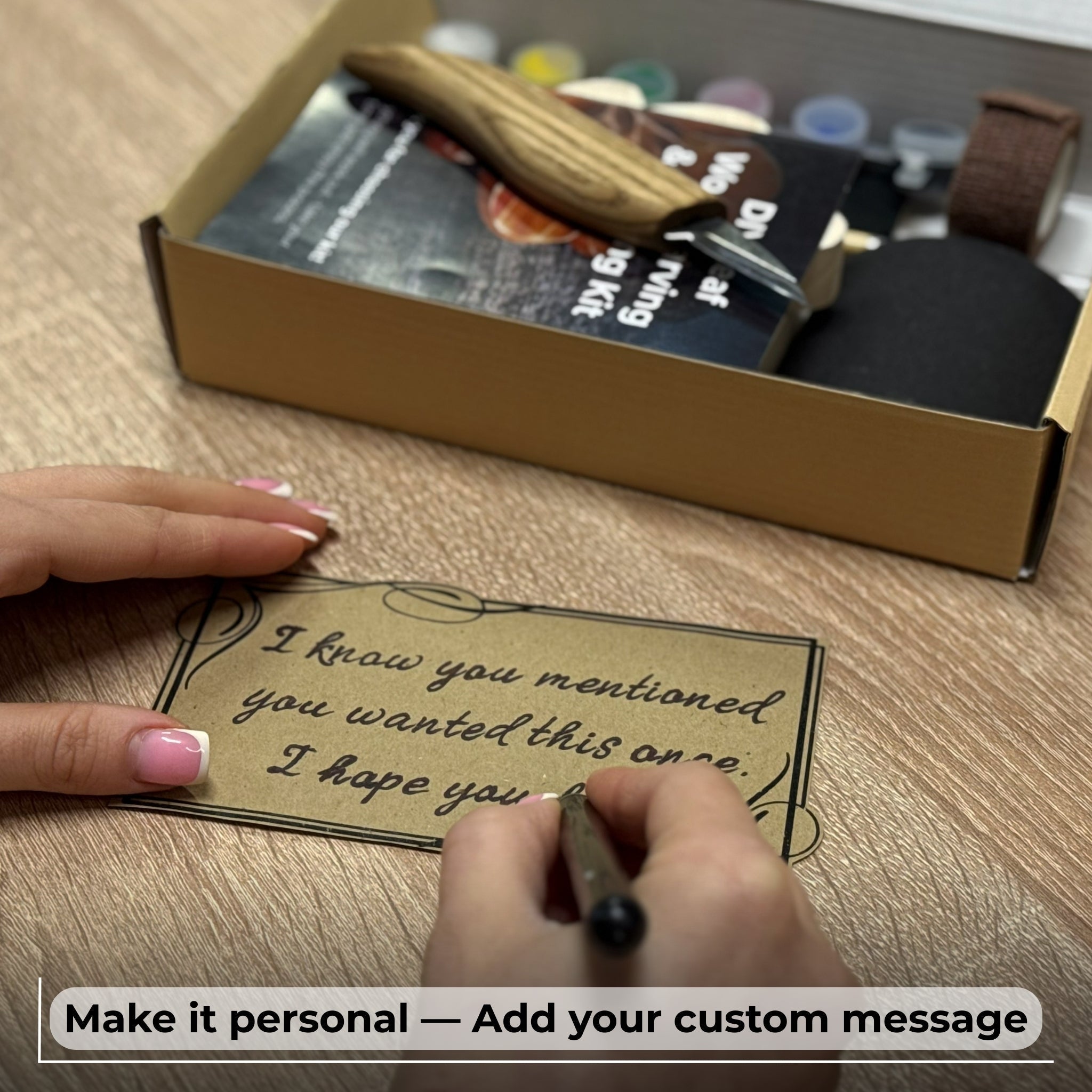 DIY Oak Leaf Carving and Painting Kit with carving tools, pre-cut wood leaf, paints, and brush
