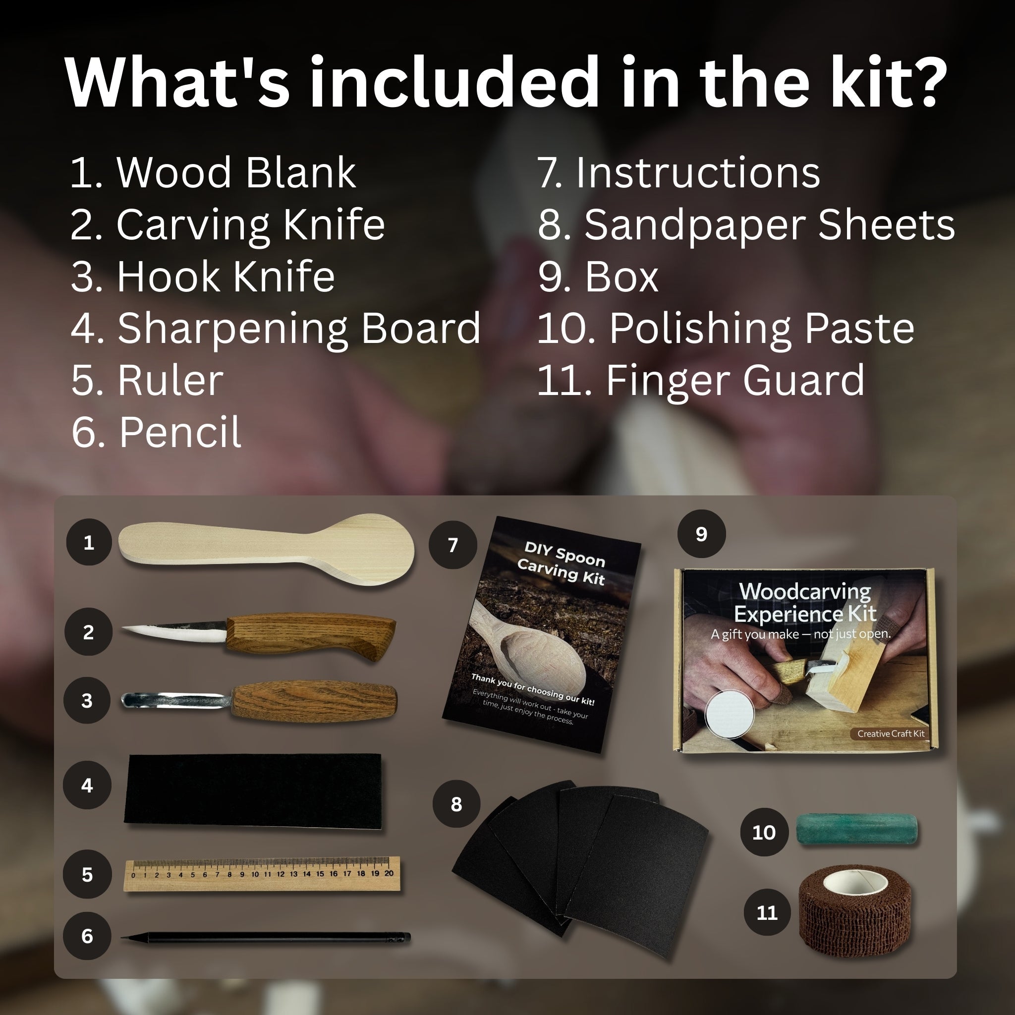 DIY wood carving kit with spoon making tools and pre-cut basswood blank