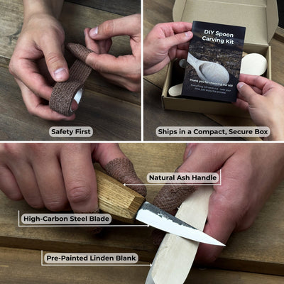 DIY wood carving kit with spoon making tools and pre-cut basswood blank