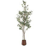 Tall artificial eucalyptus tree with slender brown trunks and clustered green rounded leaves in a matte metallic copper cylindrical pot.