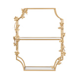 Gold-toned metal tiered shelf with a geometric frame adorned by sculpted butterflies and flowers, featuring two horizontal glass shelves.