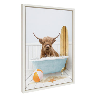 Framed canvas art featuring a Highland cow in a beach house bath setting with a surfboard nearby