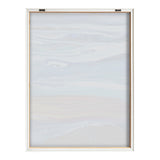 Framed abstract art print with soft horizontal waves in muted shades of gray, blue, and beige, evoking calm coastal currents.