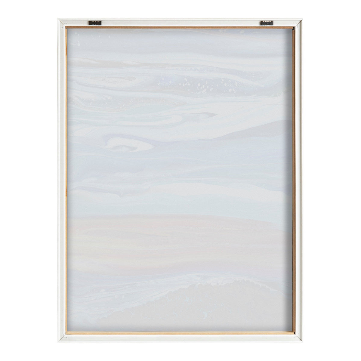 Framed abstract art print with soft horizontal waves in muted shades of gray, blue, and beige, evoking calm coastal currents.