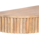 Close-up of a wooden side table edge featuring vertical cylindrical wood ribbing and a flat, smooth rectangular top with rounded corners in light natural wood tones.