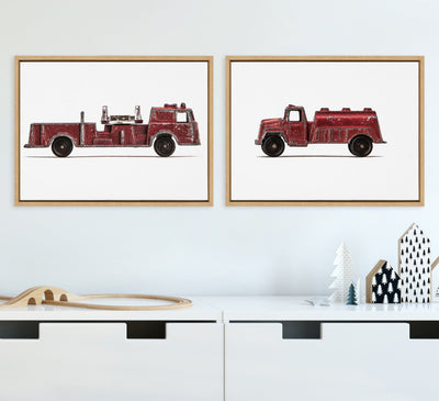 Sylvie Red Vintage Toy Fire Engine and Water Truck Framed Canvas Art Set