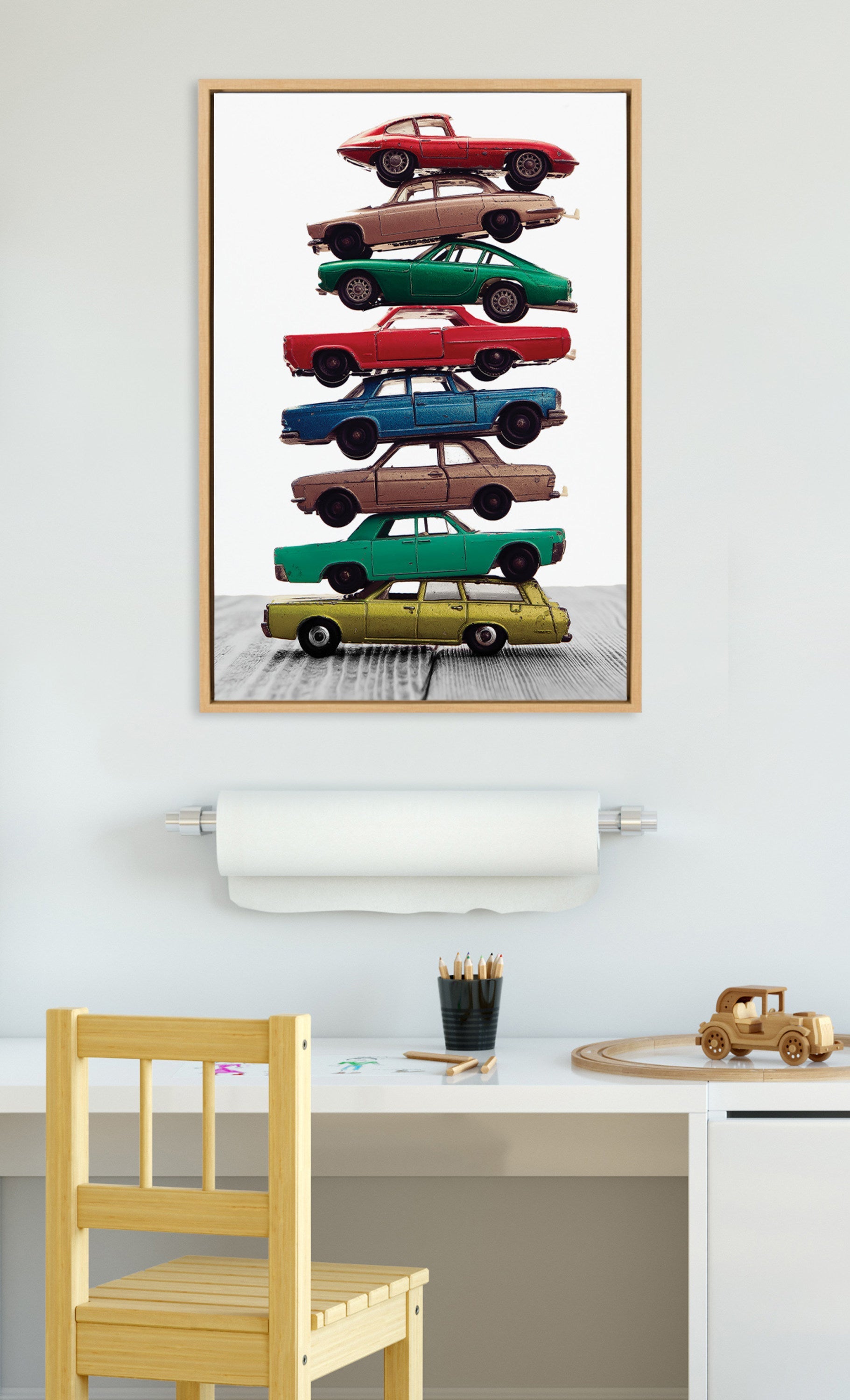 Sylvie Stacked Cars Vertical Framed Canvas by Saint and Sailor Studios