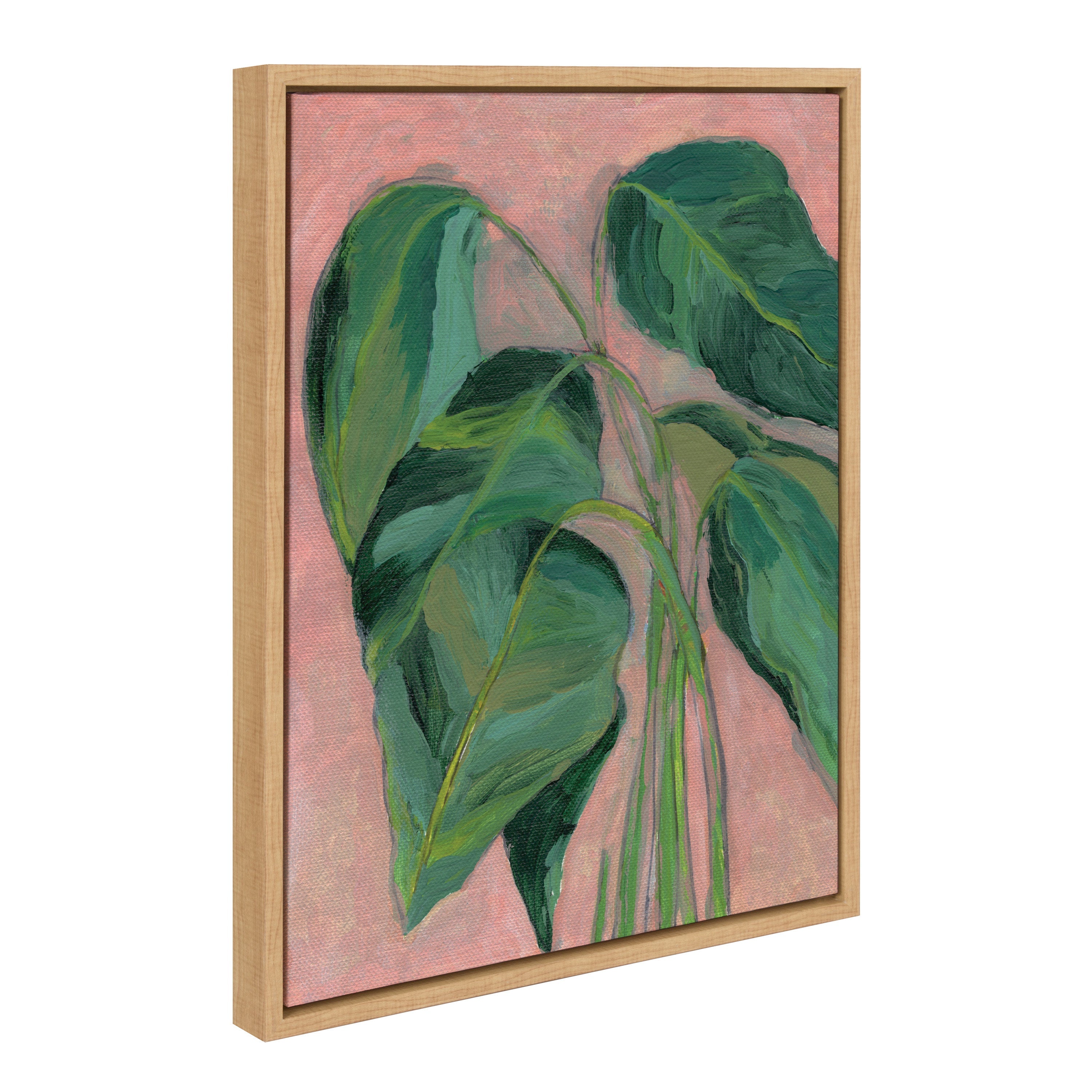 Sylvie Alocasia framed canvas art showing soft greenery leaves in a natural lightweight frame