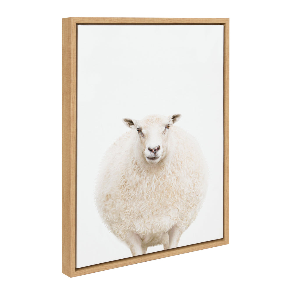 Sylvie Round Sheep Portrait framed canvas showing a natural toned floating frame and sheep image
