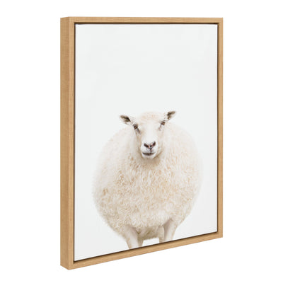 Sylvie Round Sheep Portrait framed canvas showing a natural toned floating frame and sheep image