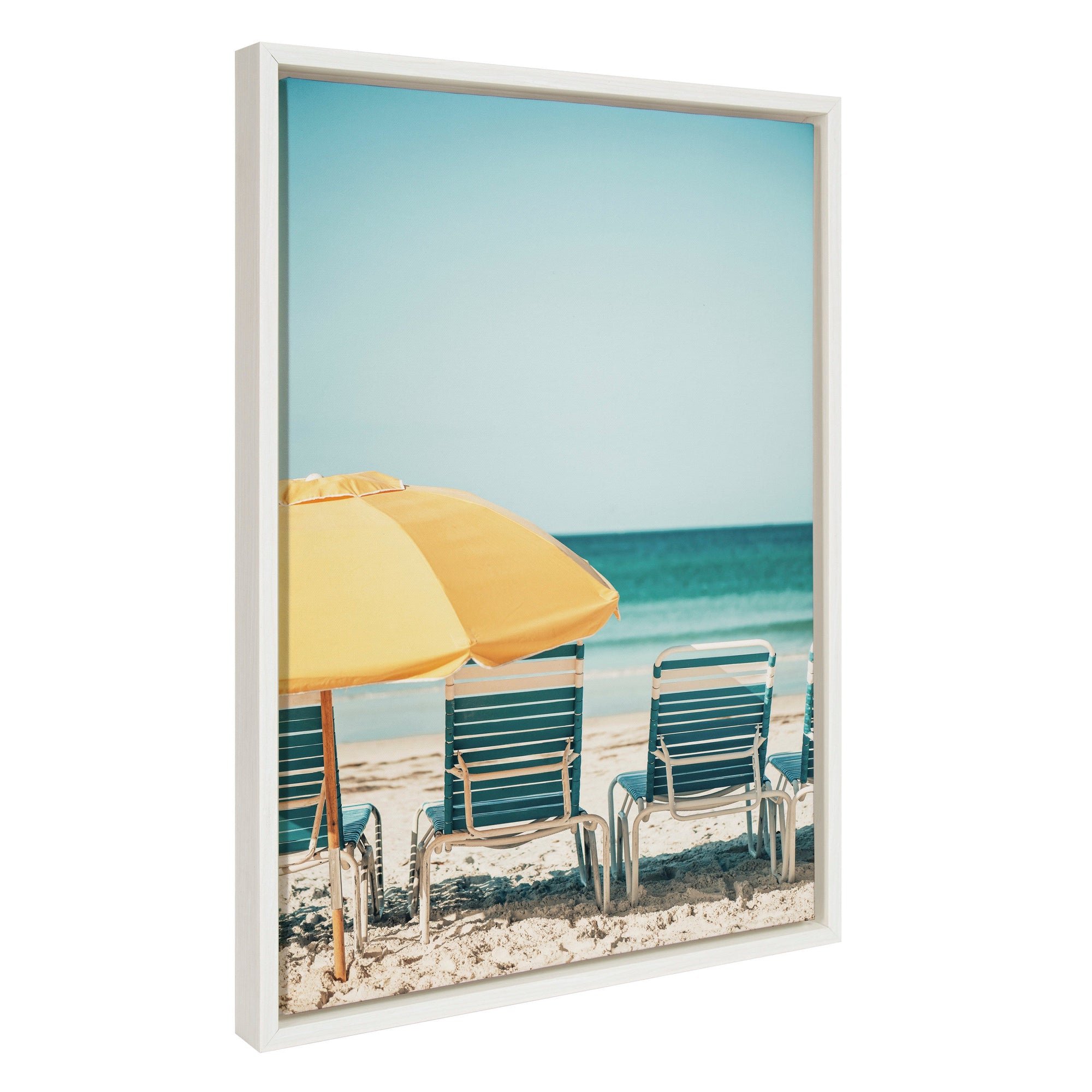 Sylvie Yellow Umbrella 2 framed canvas art showing yellow umbrella and beach chair