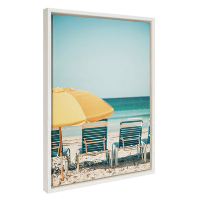 Sylvie Yellow Umbrella 2 framed canvas art showing yellow umbrella and beach chair