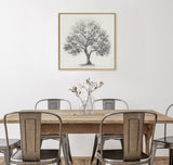Minimalist dining room with a wooden table, six metal chairs, and a framed black-and-white tree sketch on a white wall, featuring a small clear vase with twigs.