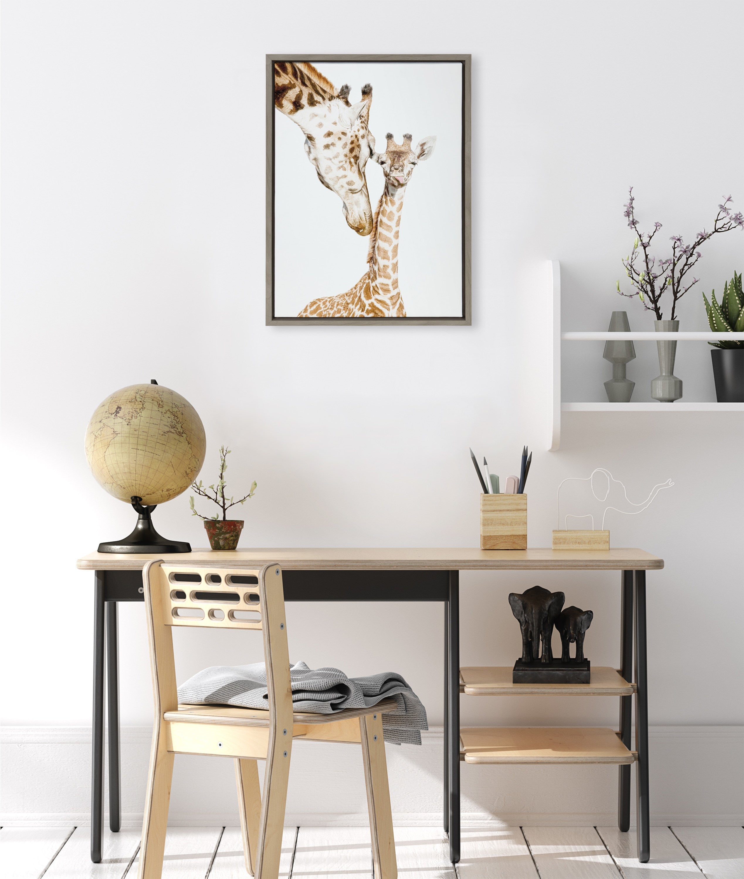 Sylvie Mother and Baby Giraffe Portrait Framed Canvas by Amy Peterson Art Studio