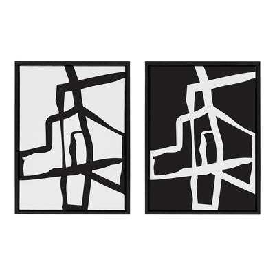 Sylvie Bold Sophisticated Abstract Black and White Stroke Framed Canvas Art Set