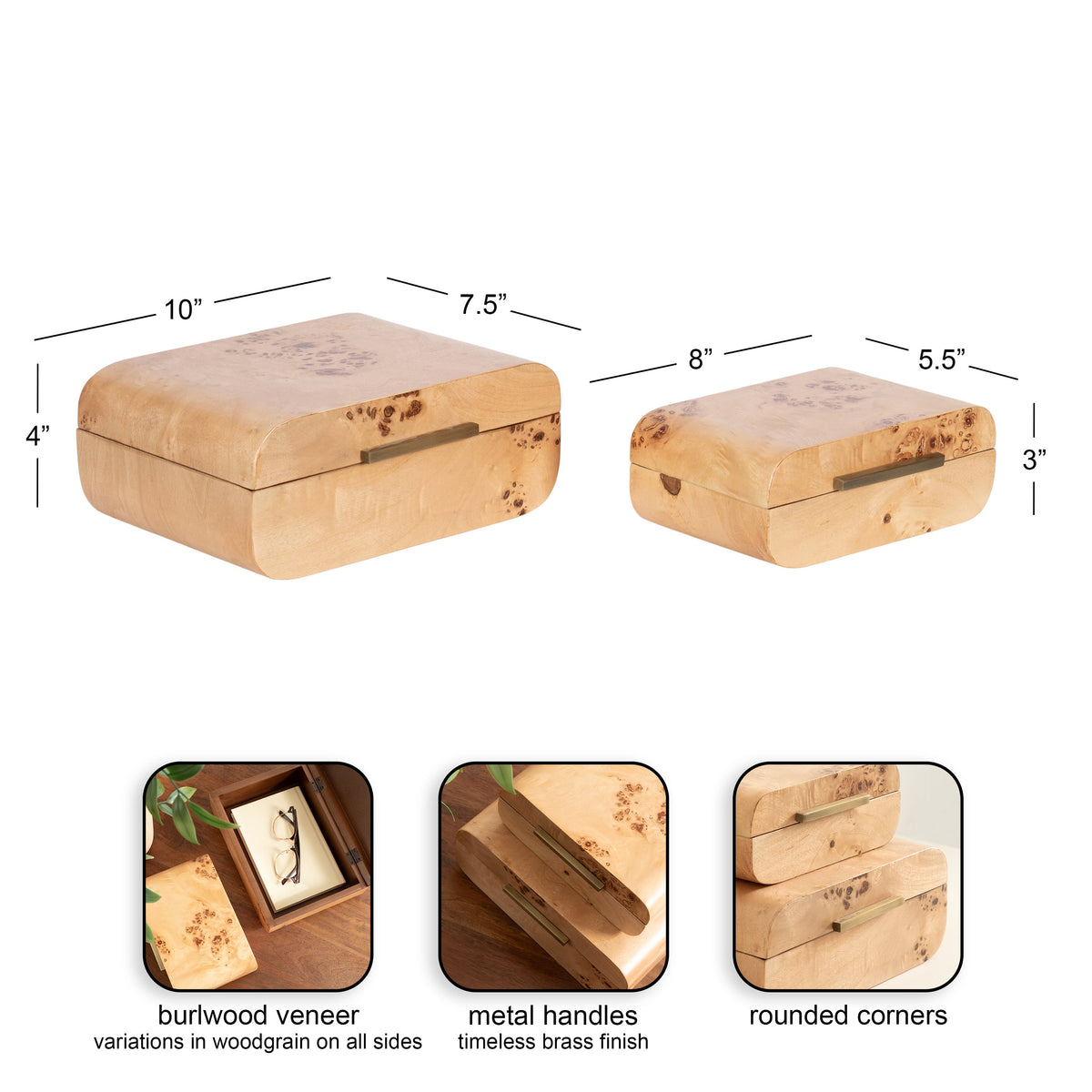 Two rectangular burlwood veneer stacking boxes with rounded corners, shown side by side with dimensions and inset images highlighting metal handles, wood grain variations, and rounded edges.