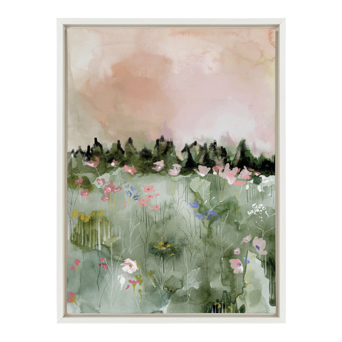 Abstract landscape painting with a soft pink and peach sky above a green field dotted with delicate pink, white, and blue flowers and a dark tree line in the background.