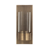 Bronze-toned metal wall sconce with vertical ribbed rectangular backplate and clear cylindrical glass hurricane candle holder
