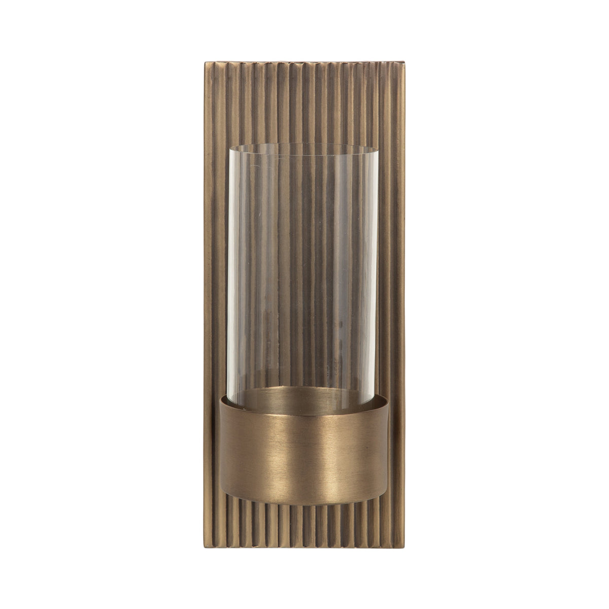 Bronze-toned metal wall sconce with vertical ribbed rectangular backplate and clear cylindrical glass hurricane candle holder