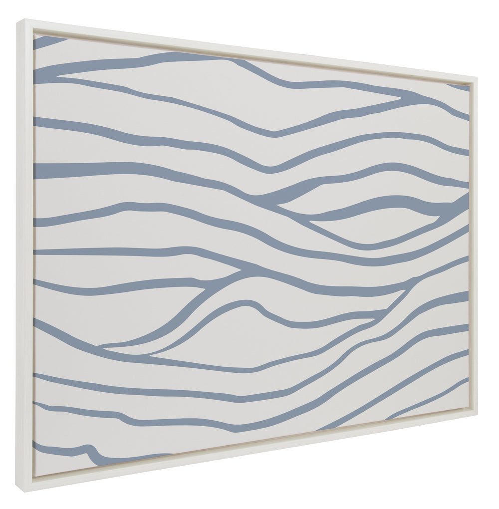Sylvie Simple Elegant Coastal Waves framed canvas showing soft ocean wave lines in white and blue tones.