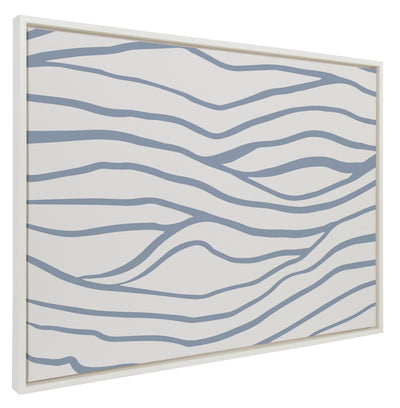 Sylvie Simple Elegant Coastal Waves framed canvas showing soft ocean wave lines in white and blue tones.