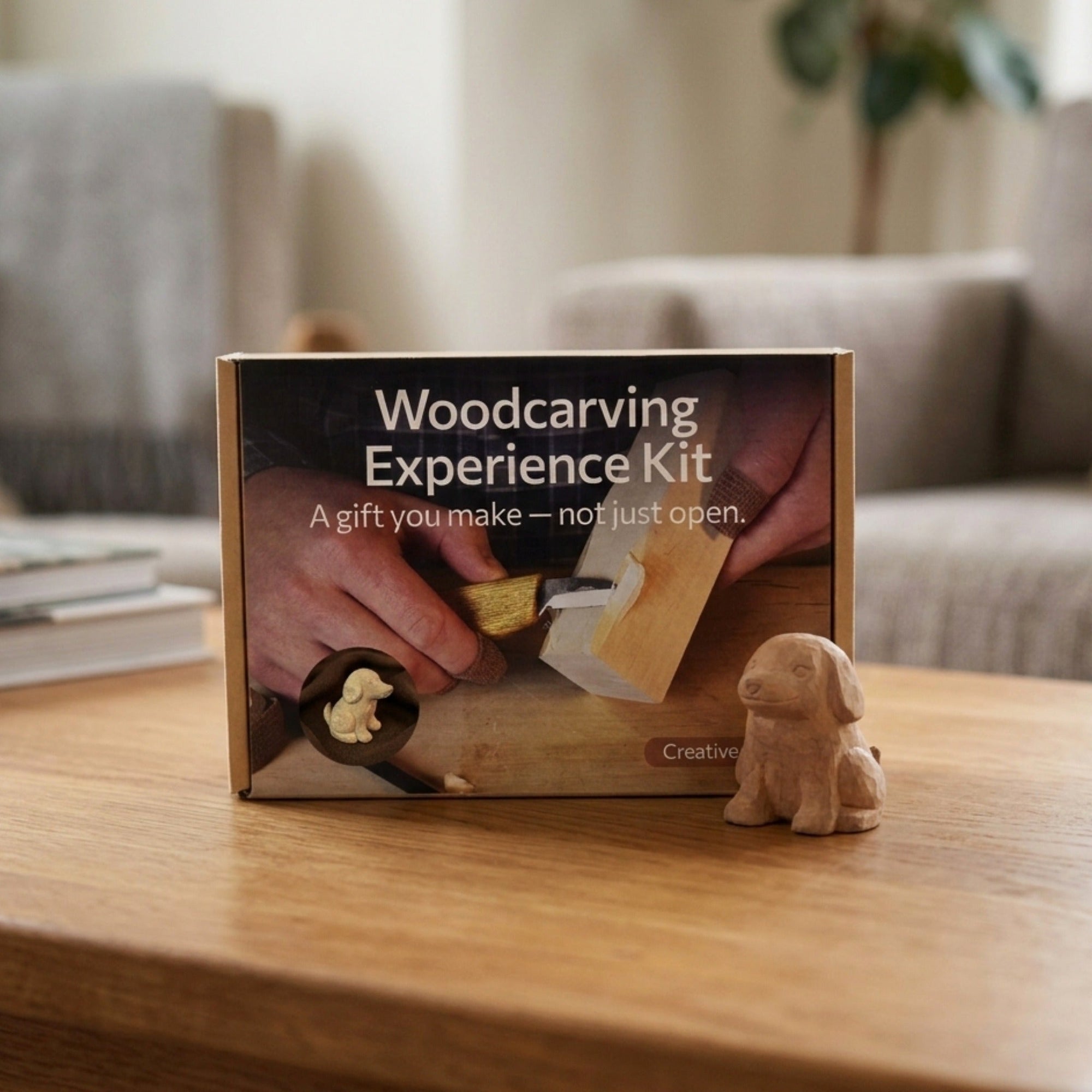 Complete Dog Carving Kit with knife, wood blocks, sandpaper, sharpening board, pencil, and dog drawing guide