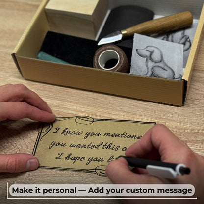Complete Dog Carving Kit with knife, wood blocks, sandpaper, sharpening board, pencil, and dog drawing guide