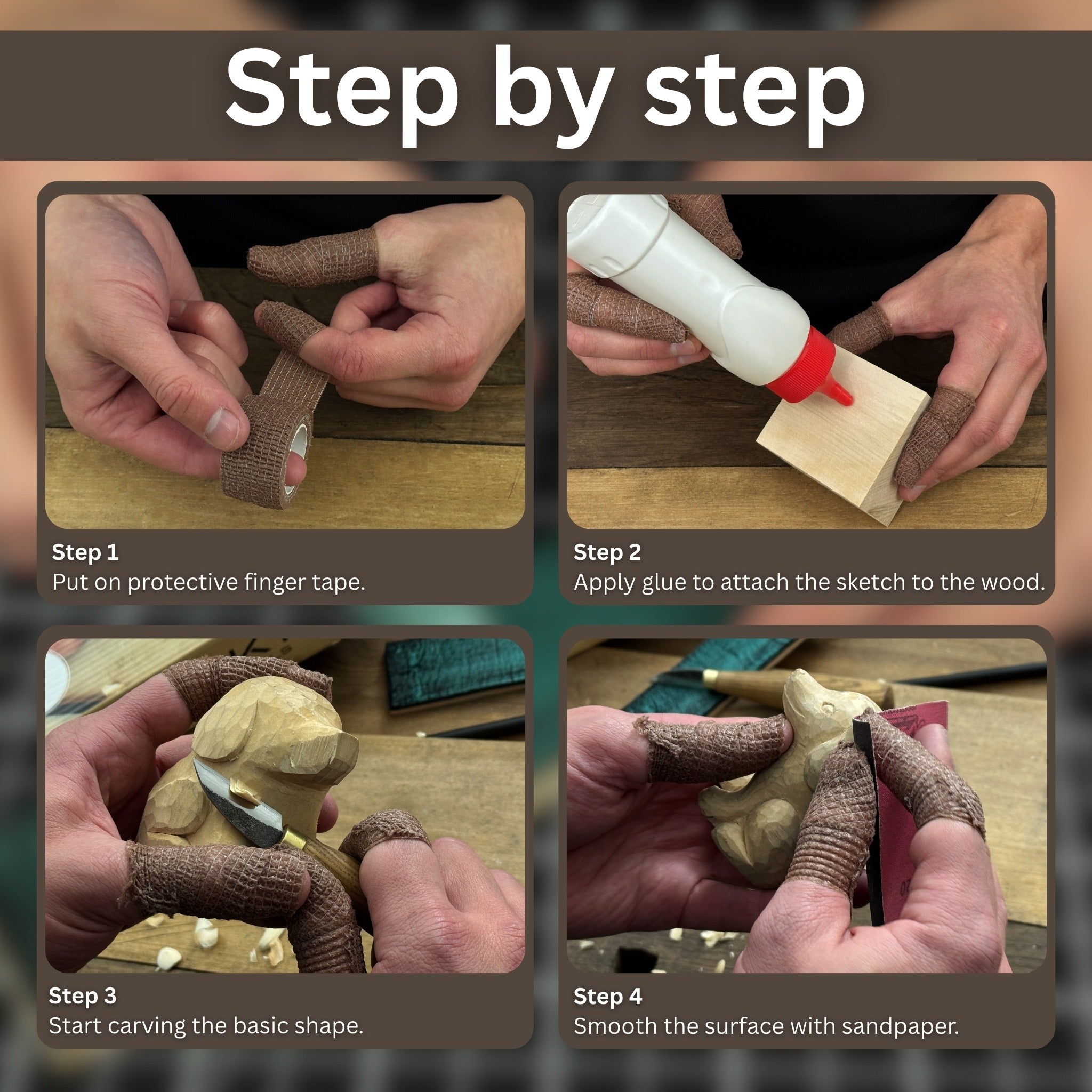 Complete Dog Carving Kit with knife, wood blocks, sandpaper, sharpening board, pencil, and dog drawing guide