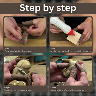 Complete Dog Carving Kit with knife, wood blocks, sandpaper, sharpening board, pencil, and dog drawing guide