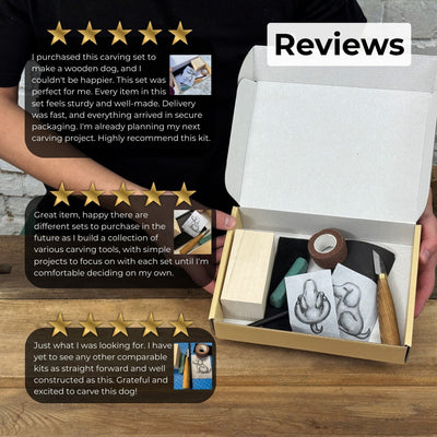 Complete Dog Carving Kit with knife, wood blocks, sandpaper, sharpening board, pencil, and dog drawing guide