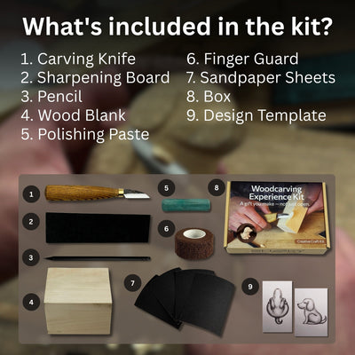 Complete Dog Carving Kit with knife, wood blocks, sandpaper, sharpening board, pencil, and dog drawing guide