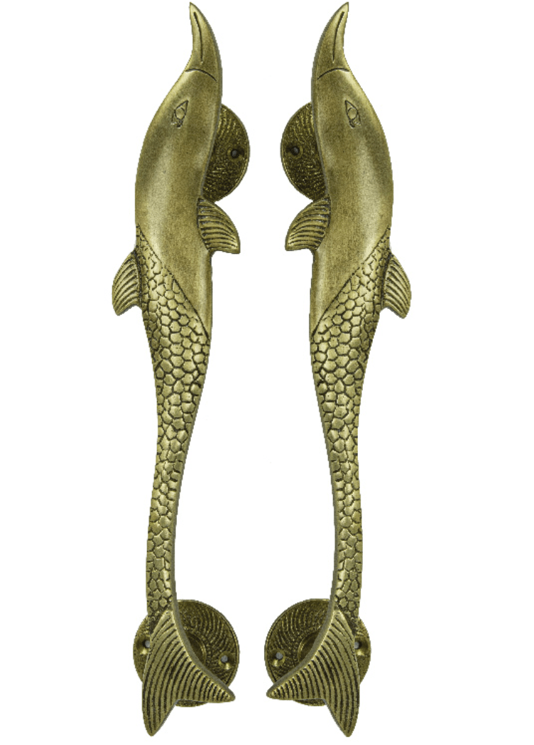 Pair of brass dolphin-shaped door handles with polished finish, 12 inches long by 2 inches wide