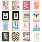 Grid of sixteen framed artworks featuring text-based messages, stylized graphics of cherries and skulls, cowboy motifs, and bright pastel colors on varied backgrounds.