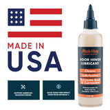Bottle of Made Here Industrial Products Door Hinge Lubricant with navy and orange label beside stylized American flag and text emphasizing Made in USA and support for American manufacturing.