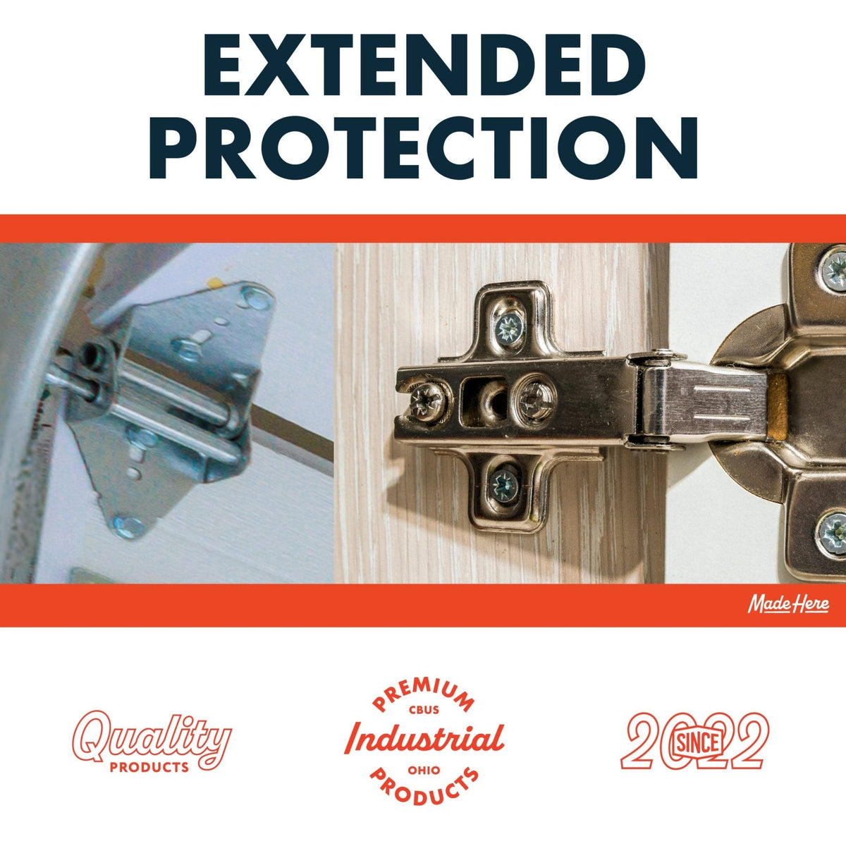 Close-up of two types of metal door hinges mounted on wood and metal surfaces, accompanied by text about extended protection and logos indicating quality and premium industrial products since 2022.