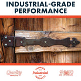 Close-up of a black decorative metal door hinge attached to rustic brown wood planks with visible screws and wood grain texture.