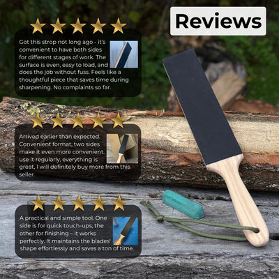 Double-sided leather sharpening strop with polishing paste and ash wood handle
