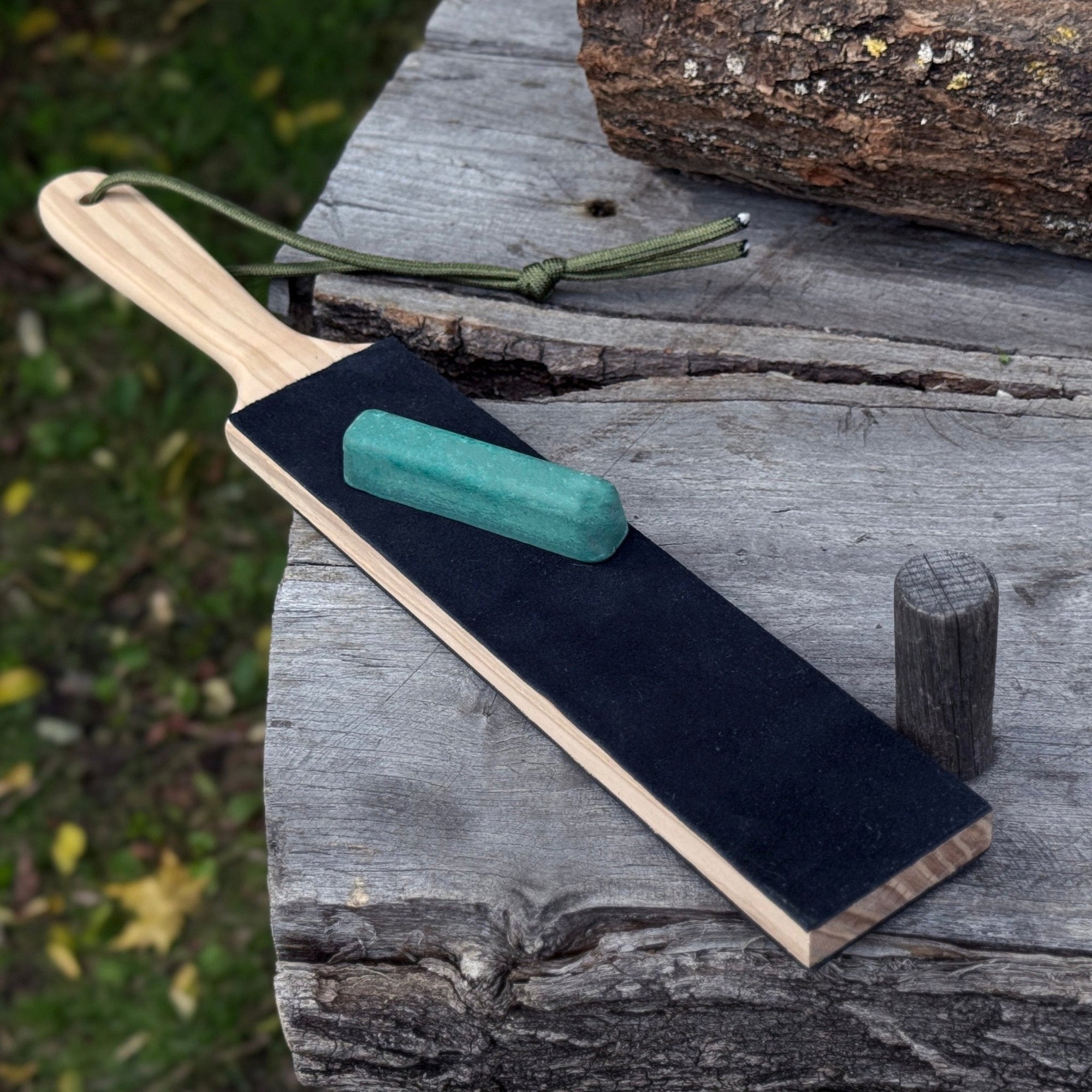 Double-sided leather sharpening strop with polishing paste and ash wood handle