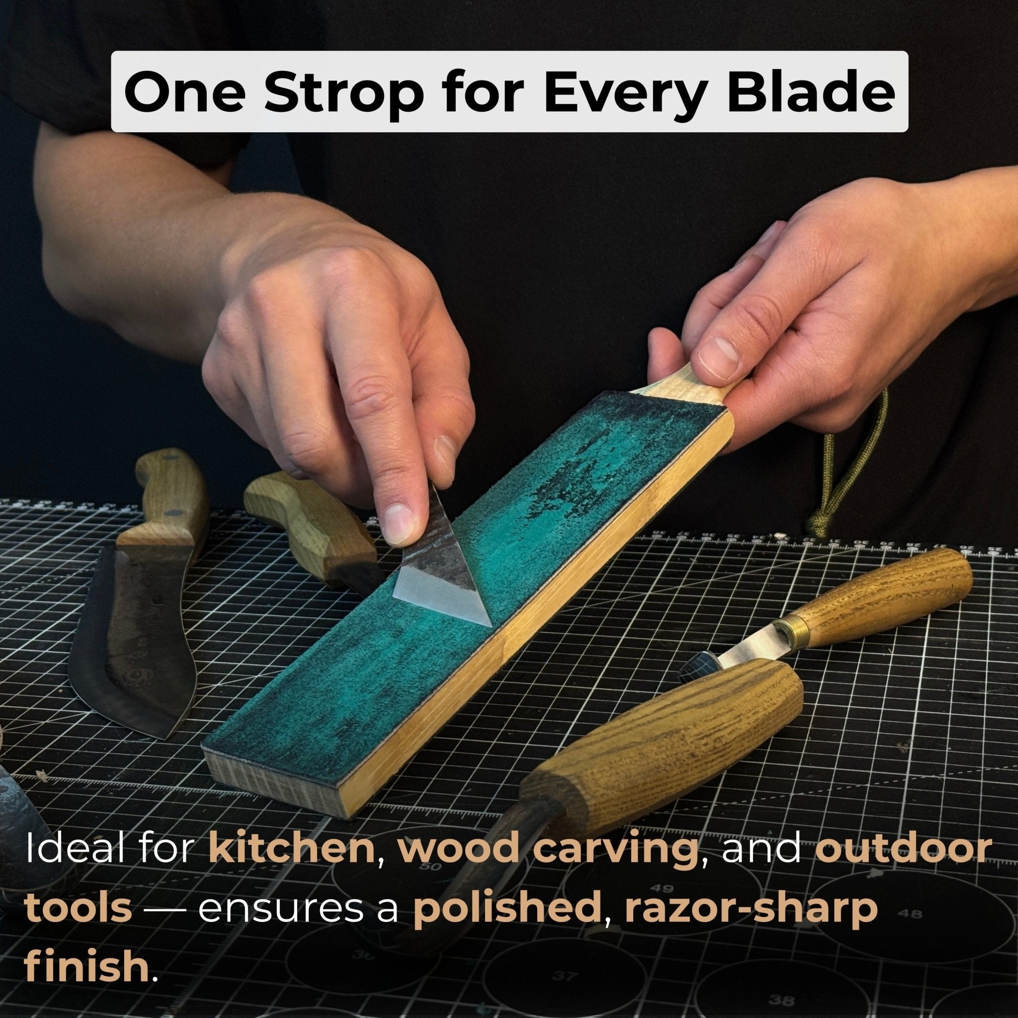 Double-sided leather sharpening strop with polishing paste and ash wood handle