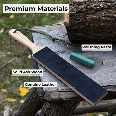 Double-sided leather sharpening strop with polishing paste and ash wood handle