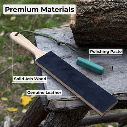 Double-sided leather sharpening strop with polishing paste and ash wood handle