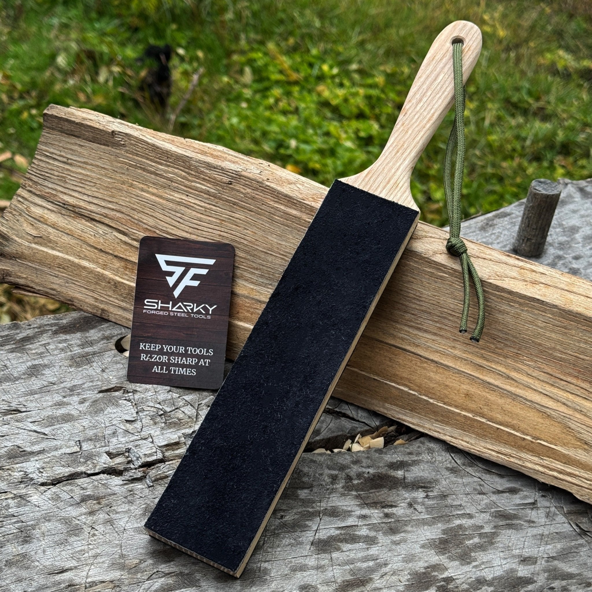 Double-sided leather sharpening strop with polishing paste and ash wood handle