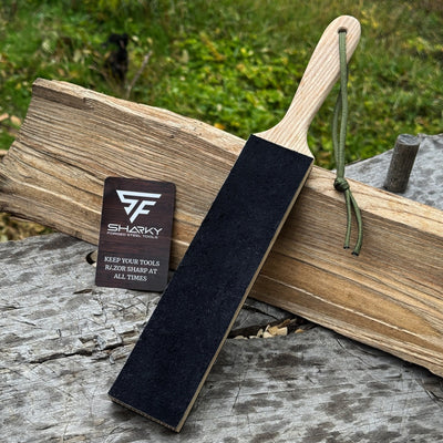 Double-sided leather sharpening strop with polishing paste and ash wood handle