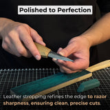 Double-sided leather sharpening strop with polishing paste and ash wood handle