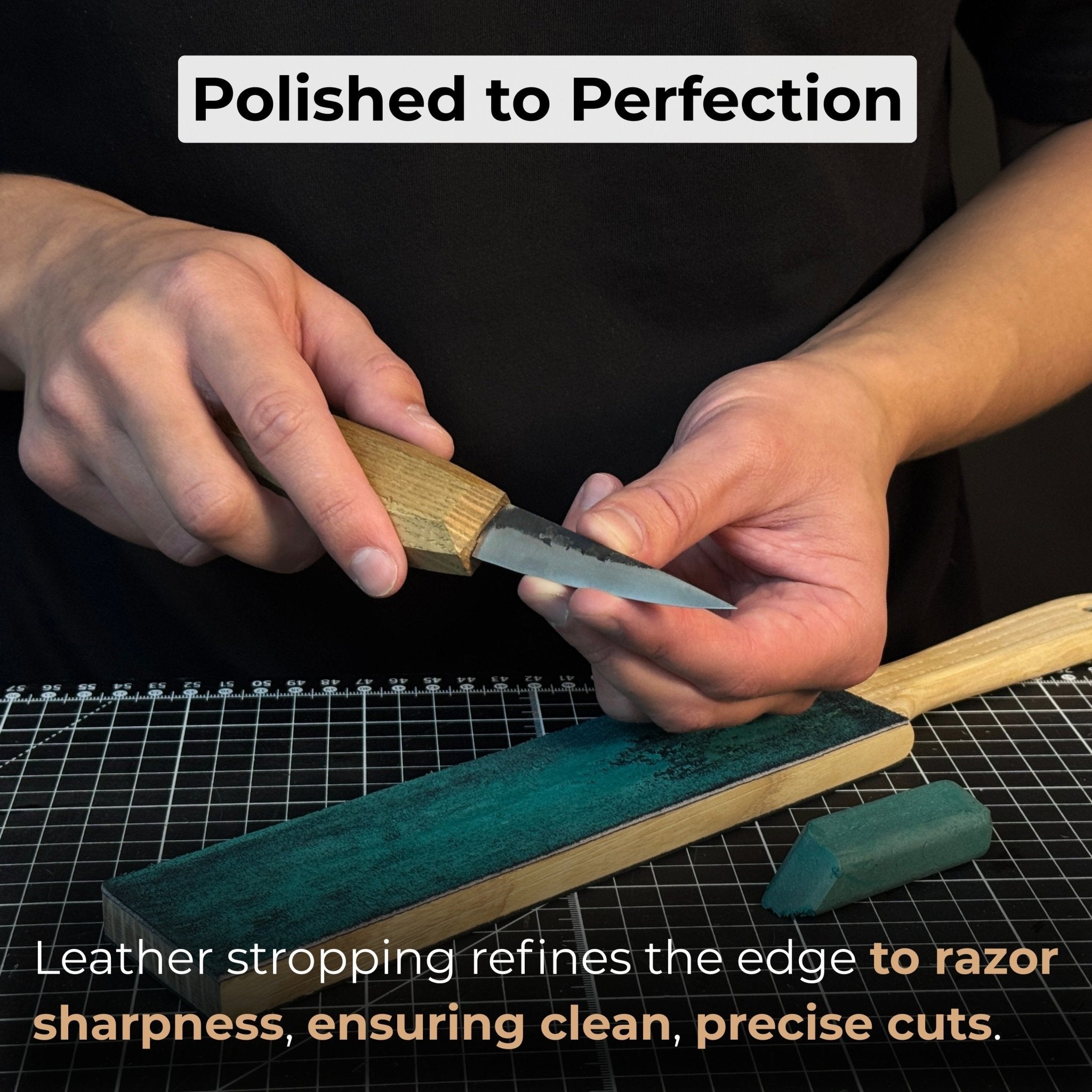 Double-sided leather sharpening strop with polishing paste and ash wood handle