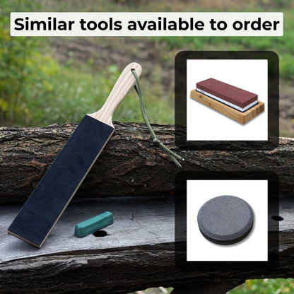 Double-sided leather sharpening strop with polishing paste and ash wood handle
