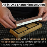 Double-sided sharpening stone with grit #3000 and #8000, shown with optional wooden stand